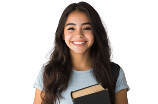 Young Hispanic female student smiling and holding a book, isolated on a transparent background
