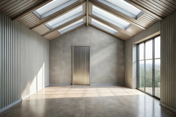 Obraz premium Sunlit Empty Room with Skylights and Wooden Walls, Ideal for Modern Interior Design Projects