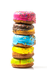 Colorful donuts isolated on white background. Closeup.