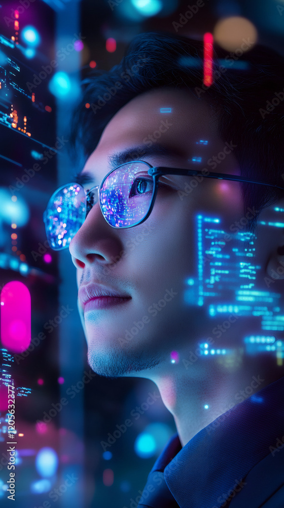 Poster Skilled programmer wearing augmented reality glasses, analyzing digital code within high-tech workspace