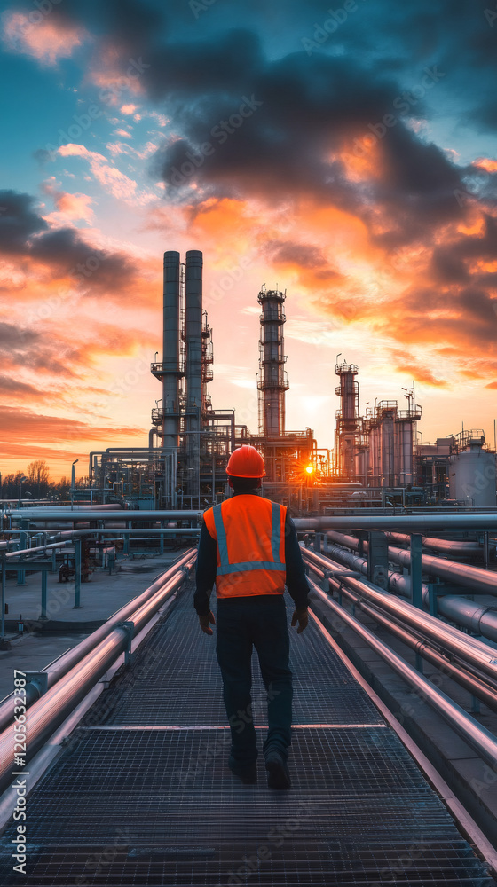Poster industrial engineer navigating refinery pipeline network during golden hour, capturing energy produc