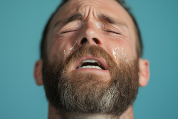 Obraz premium a man is crying and tears are seen coming out of her eyes dripping down her cheeks. against yellow background