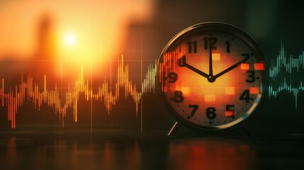 A digital clock overlaying profit charts, symbolizing timely growth.