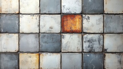 Naklejka premium Aerial view of an industrial tiled surface showcasing a mix of gray and rusty metal tiles