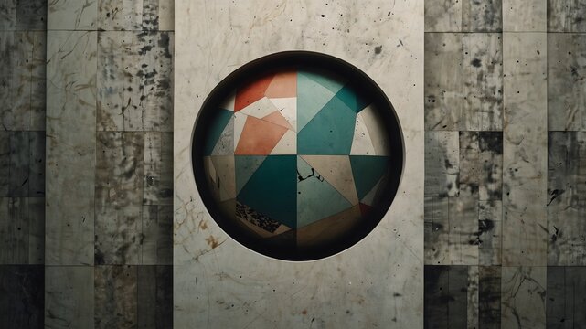 A single calm geometric shape centered amidst abstract, chaotic patterns, symbolizing peace and stability within disorder.