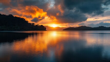 Obraz premium Dramatic sunset over serene lake waters reflecting colorful skies with mountains
