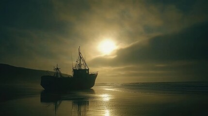 A fishing boat silhouetted against the morning sun on a calm beach.