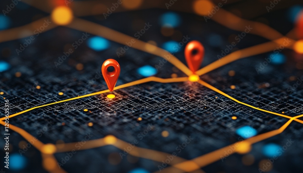 Poster a vibrant digital map with glowing lines and location markers, representing connectivity and navigat