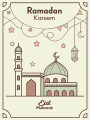 Naklejka premium Ramadan kareem and islamic line mosque. Greeting card islamic celebration background for graphic design vector stock illustration
