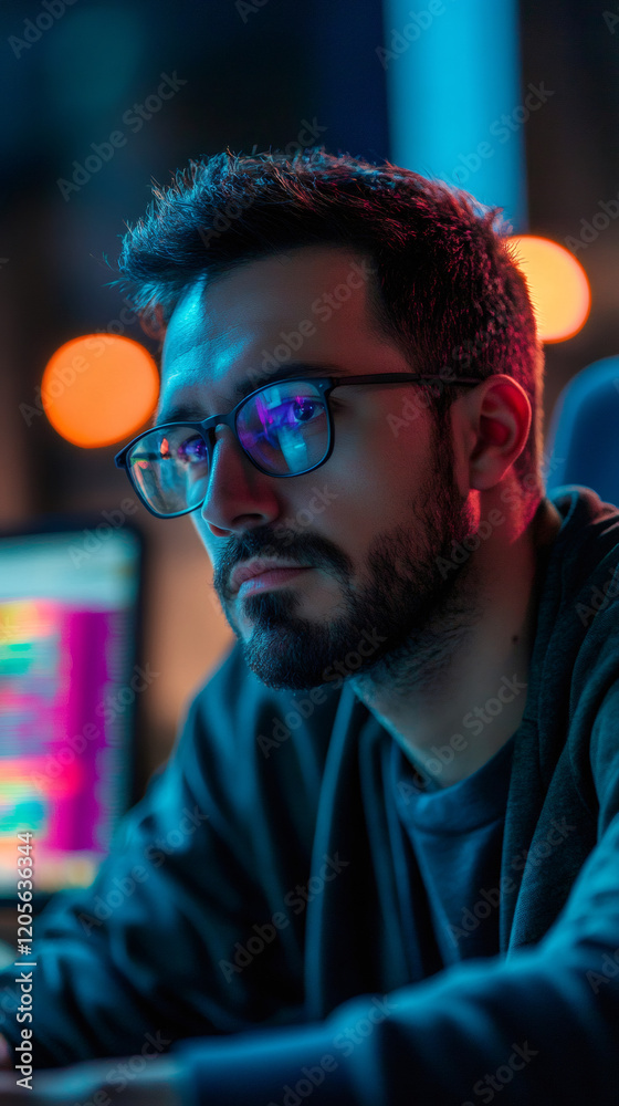 Poster Focused programmer working late at night, developing new software in a dark room illuminated by neon lights