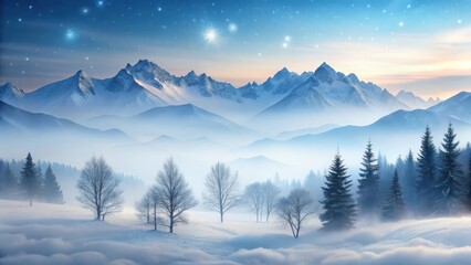 Obraz premium Serene Winter Landscape Misty Mountains, Starry Sky, and Snow-Covered Valley with Silhouetted Trees