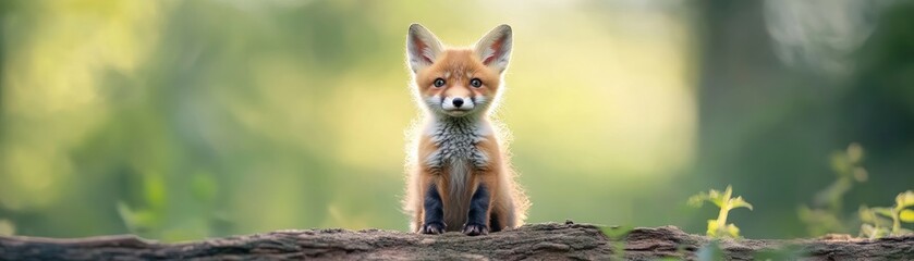 Fototapeta premium Adorable Baby Fox Posing in a Vibrant Forest Clearing Stunning Wildlife Photography Featuring Soft Sunlight Highlighting its Fluffy Fur This captivating image showcases the beauty of nature, perfect