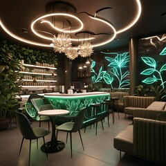 Modern Cafe with Green Lighting