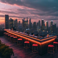  Rooftop Bar with Sunset Cityscape