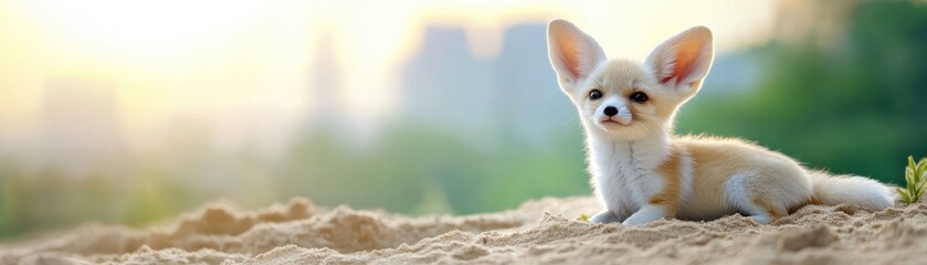 Adorable Fennec Fox in Desert Habitat A Charming Pose Against Sandy Background This image showcases a captivating fennec fox, its expressive large ears contrasting beautifully with the soft, sandy