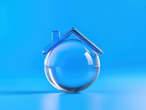 A transparent glass house symbol in a modern blue background.