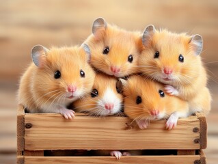 Obraz premium Adorable Group of Tiny Hamsters Huddling Together in a Wooden Habitat, Exhibiting an Endearing Moment of Connection and Camaraderie These Small, Fluffy Creatures Showcase the Beauty of Animal