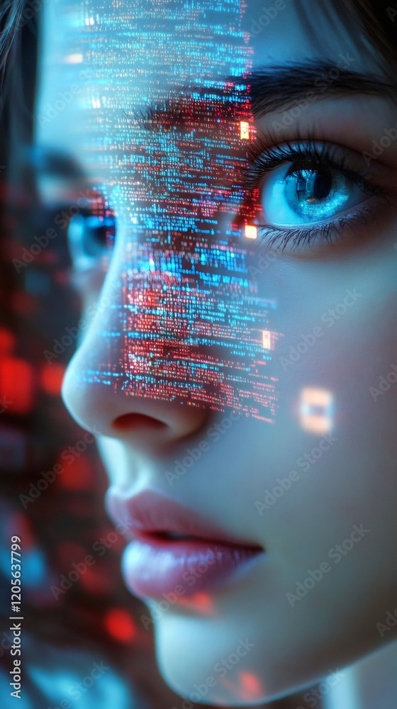 Aufkleber digital code overlay reflecting on a woman's face, representing the concept of merging humans with t