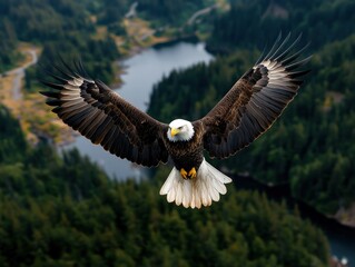 Fototapeta premium A Majestic Bald Eagle Soaring Above a Devastated Forest A Stark Reminder of Habitat Destruction and the Urgent Need for Species Preservation Witness the breathtaking power of this national symbol