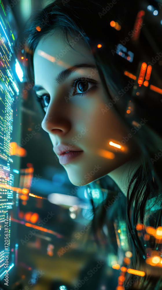 Aufkleber young female programmer examining source code on transparent futuristic monitor, city nightscape blu