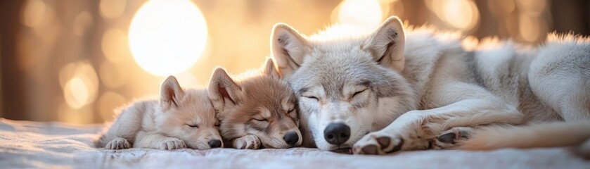 Obraz premium A Majestic Family of Wolves Under a Glowing Moon A Symbol of Species Preservation and Ecological Balance in the Wild Their Peaceful Slumber Reflects the Importance of Protecting Their Habitat and