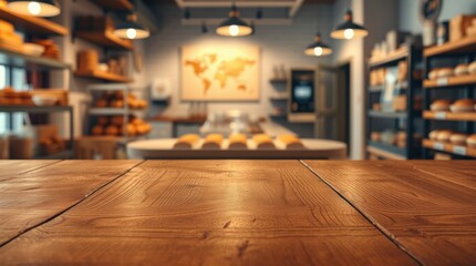 Empty wooden table in a bakery, perfect for showcasing products or displaying food items. The warm lighting and inviting atmosphere create a welcoming feel.