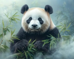 Obraz premium A Majestic Giant Panda Amidst Misty Bamboo Forest A Symbol of Nature Preservation and Endangered Species Awareness This breathtaking image showcases the serene beauty of a giant panda within its
