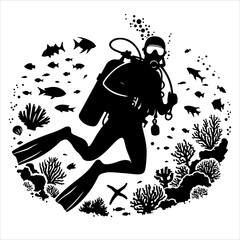 Scuba diving silhouette vector. Scuba diver logo icon vector on a white background. 