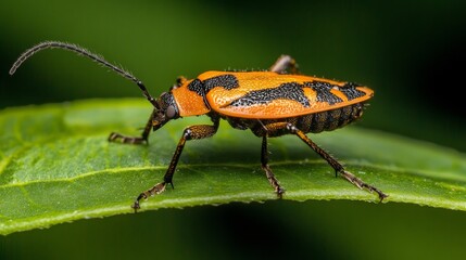 Naklejka premium Close-up of a Vibrant Orange and Black Beetle on a Green Leaf