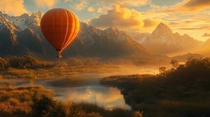 Obraz premium hot air balloon floating above the rugged mountains at sunrise