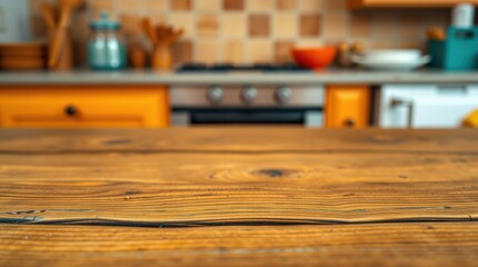 Rustic wooden table in a kitchen setting.  Perfect for product placement or food photography. Warm and inviting atmosphere.