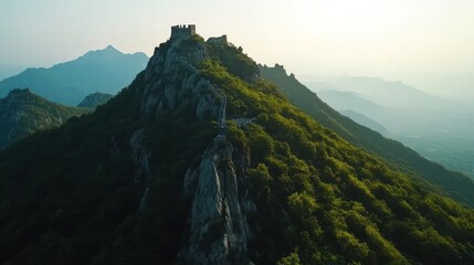 Naklejka premium Ancient Fortress atop a green hill with a stone stairway leading to the top under a clear blue sky