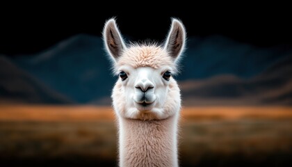 Obraz premium Charming Fluffy Llama Posing Against a Vibrant Peruvian Landscape A Captivating Blend of Wildlife and Andean Culture This stunning photograph showcases a fluffy llama with a captivating expression
