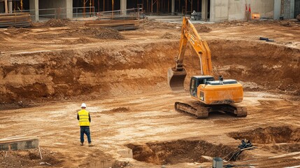 A construction worker using heavy machinery to excavate soil for a new stadium foundation, Soil excavation scene, Stadium construction style