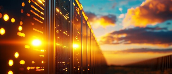 A vibrant sunset illuminates a row of server racks, showcasing the synergy between technology and nature.