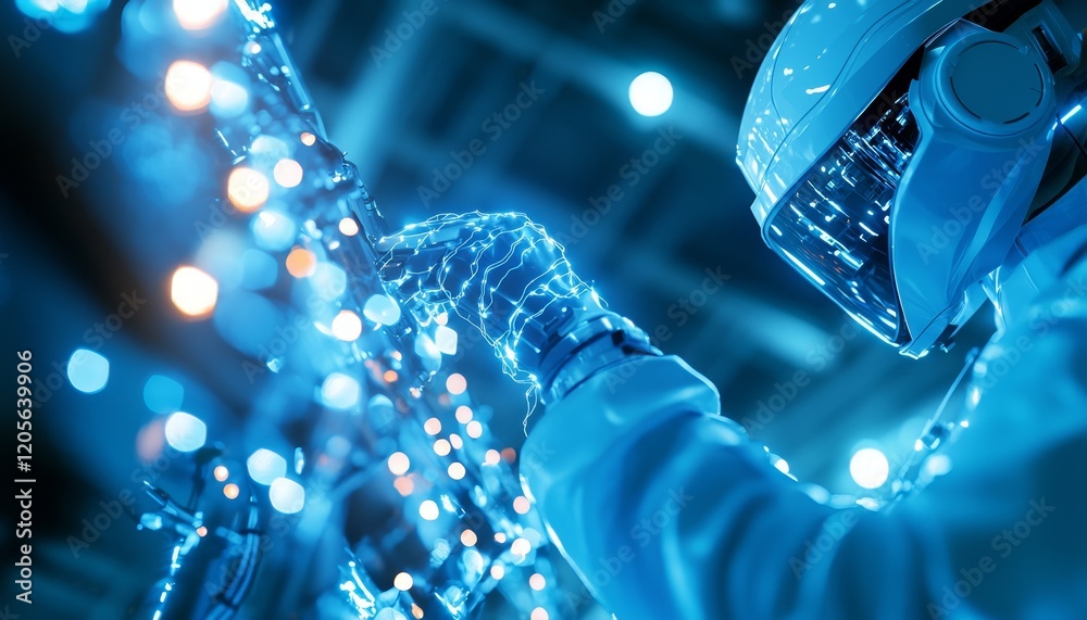 Poster a futuristic figure in a helmet interacts with glowing technology, showcasing advanced robotics and 