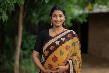 A woman wearing a yellow and brown sari is smiling. She is pregnant and is standing in front of a tree
