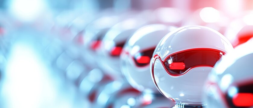 A futuristic row of robotic heads with glowing red accents, showcasing advanced technology and design.