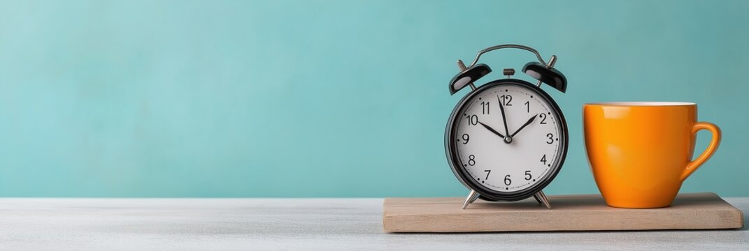 A black alarm clock sits on a wooden table next to a yellow coffee cup. The clock reads 7:30, and the cup is half full. Concept of productivity and punctuality