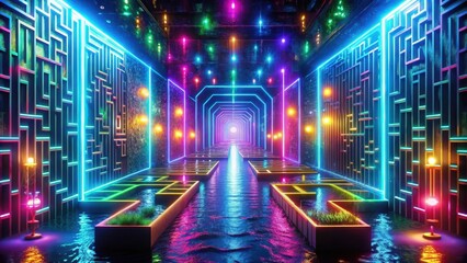 Illuminated Aquatic Maze A Futuristic Neon Passageway with Vibrant Colors and Reflective Water