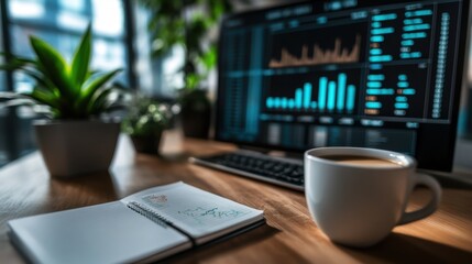 A minimalist workspace with a cup of coffee, a notebook, and a computer screen displaying graphs.