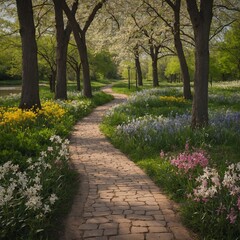A path through a park with spring flowers on one side and summer trees on the other.