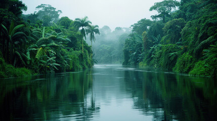 Obraz premium serene river flows through lush tropical rainforest, surrounded by dense greenery and mist. tranquil scene evokes sense of peace and connection with nature