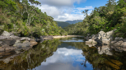 Fototapeta premium serene river flows through lush greenery, reflecting sky and surrounding trees. tranquil scene invites peace and connection with nature