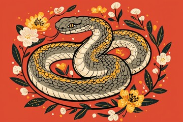 Obraz premium Celebrating Chinese New Year Vibrant Snake Illustration in a Floral Design Artistic Environment Colorful and Festive Viewpoint