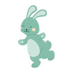 Cute rabbit runs with its paws open and its eyes closed. Funny bunny.