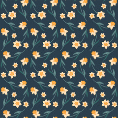 Seamless daffodil pattern on a dark background.