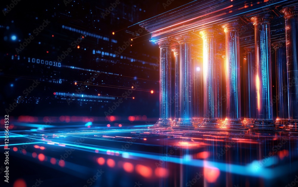 Poster a futuristic digital representation of a classical structure with glowing columns, surrounded by vib