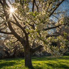 Fototapeta premium A tree shedding its spring blossoms while its leaves turn a vibrant green, a gentle sun shining in the background.