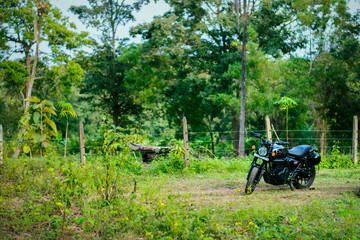 View of vintage cruise motorbike parked in the forest.